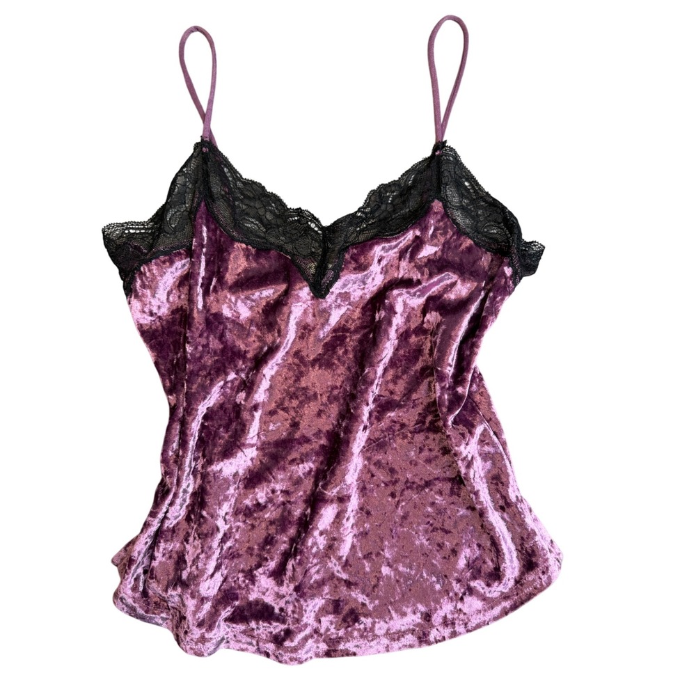 Y2K Purple Crushed Velvet Lace Trim Cami Top M Black Whimsigoth Grunge Goth Glam
